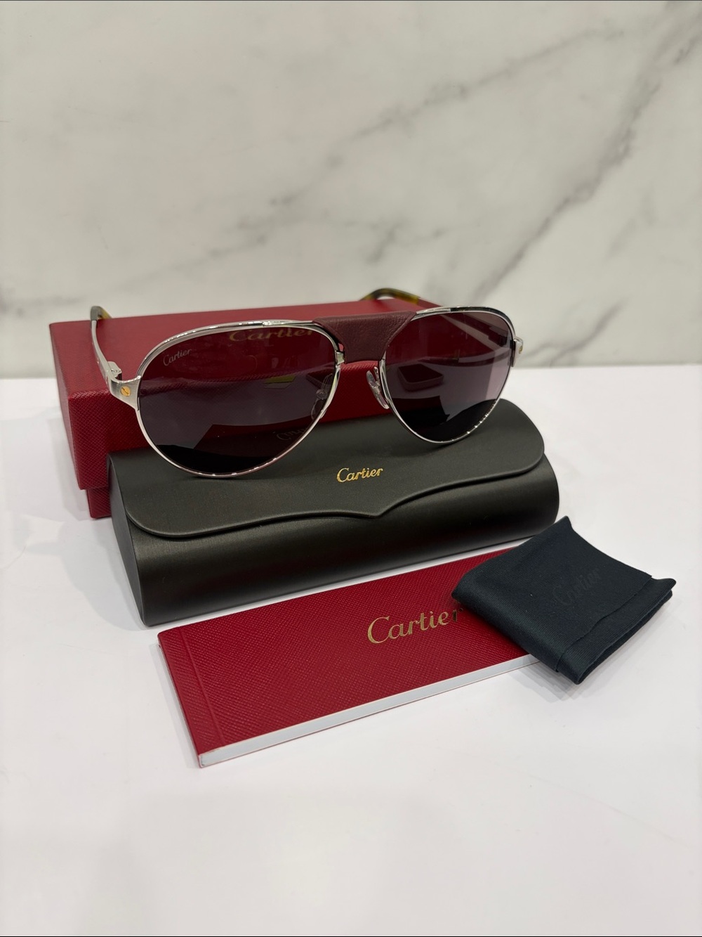 Cartier Silver Aviator Sunglasses with Burgundy Lenses